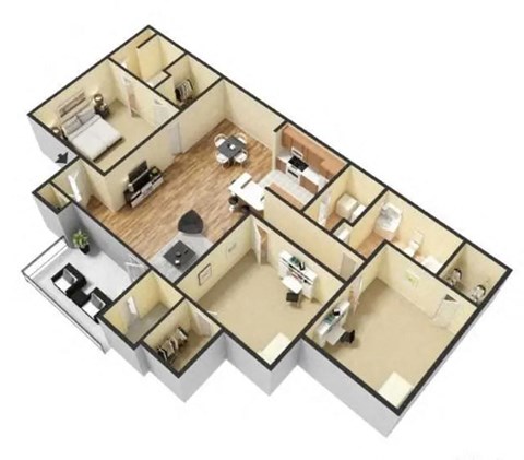 Floor plan for 3 beds, 2 baths, 1362 sqft